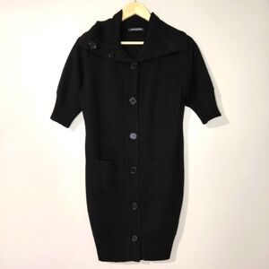 Betty Barclay Size 8 Medium Black Wool Short Sleeve Long Line Cardigan Sweater